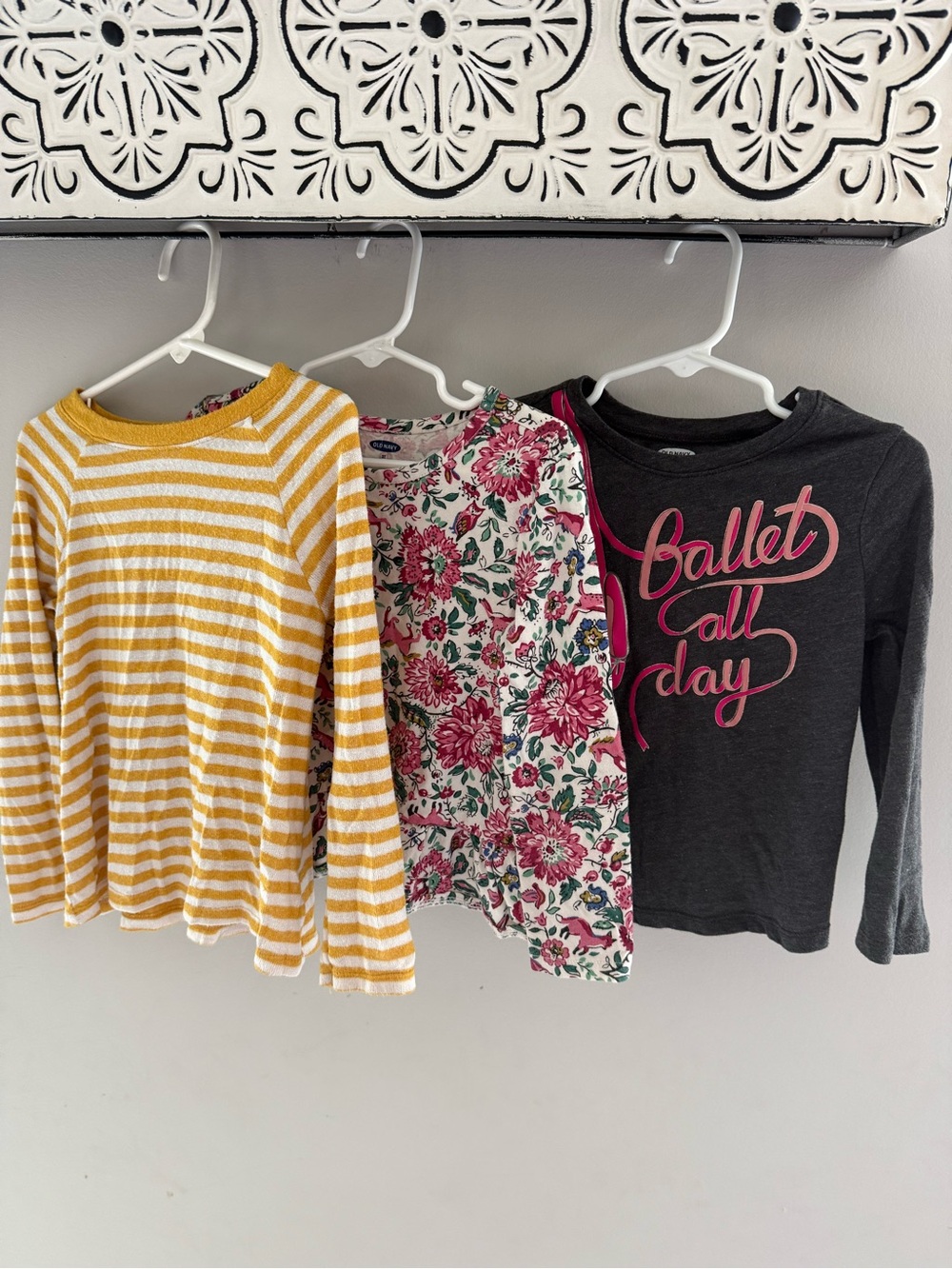 Cat & Jack Girls 3-Pack Long-Sleeve Tees — Yellow Stripe, Floral, Black Graphic